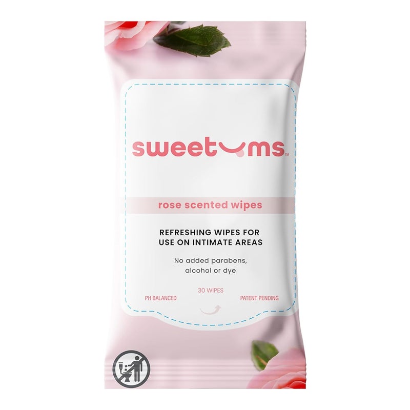 Sweetums Rose Scented Daily Feminine Wipes for Women – pH Balanced Unflavored Intimate Wipes – Water-Based, Aloe-Infused, Gentle on Sensitive Skin – Vegan, No Alcohol or Dyes, Travel-Friendly - 30ct - Image 1